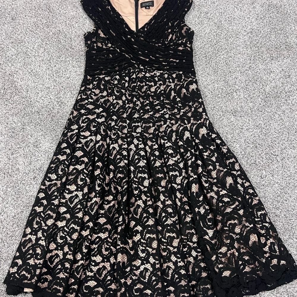 Adrianna Papell Black Lace Knee Length Dress Beige Lined Fit Flare Size US 8